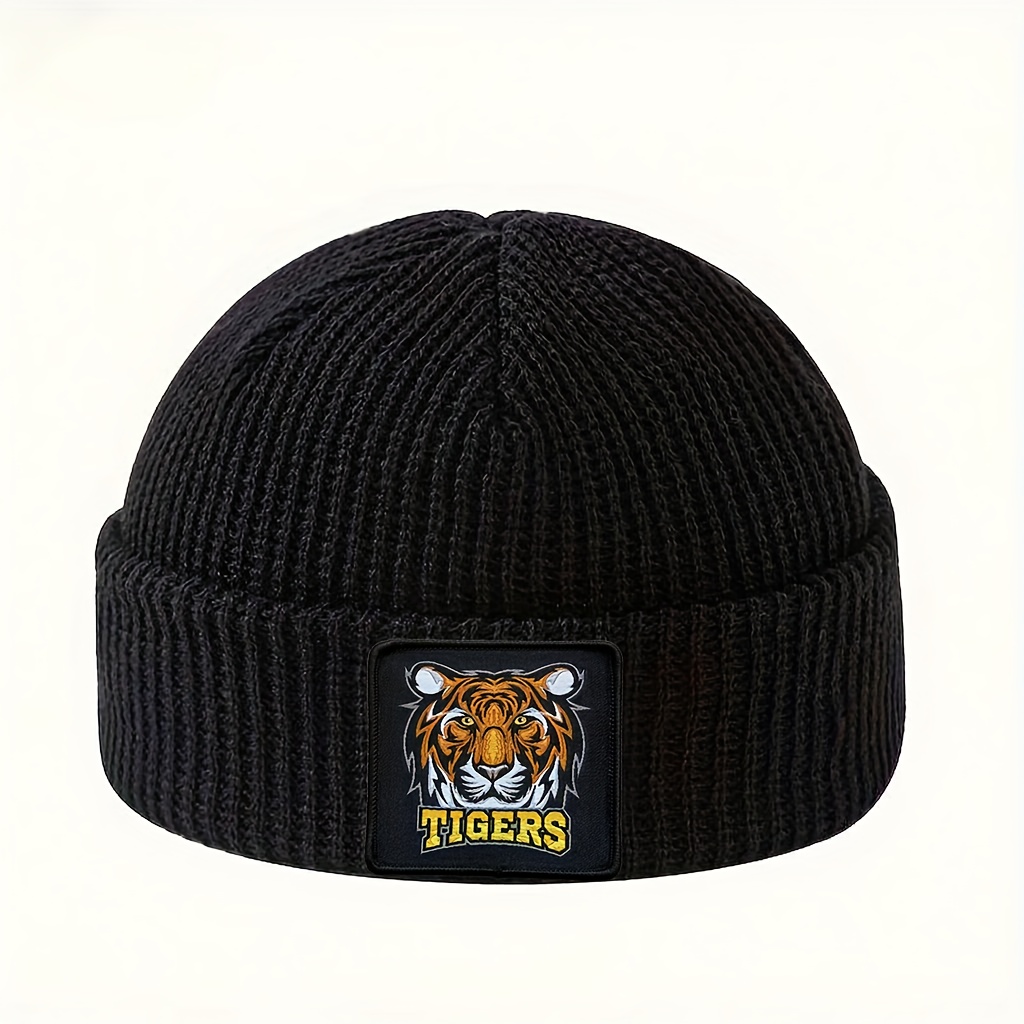 Image of Cartoon Animal Embroidery Knit Hat - Stretchy, Lightweight Winter Hat For Men And Women, Olive Green And Black, Hand Washable, Unisex Animal Themed Headwear For New Year And Daily Wear, With Texture