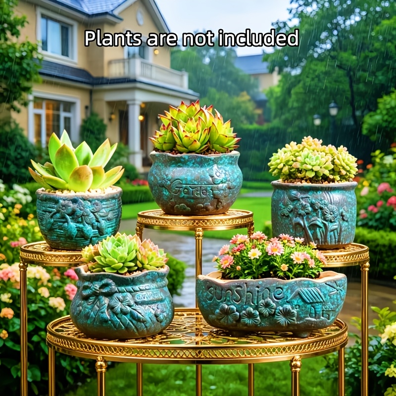 TEMU 5pcs Retro Hand-carved Embossed Floral Ceramic Flower Pot Set With Drainage Holes, Universal Planters For Succulents, And Orchids Indoor And