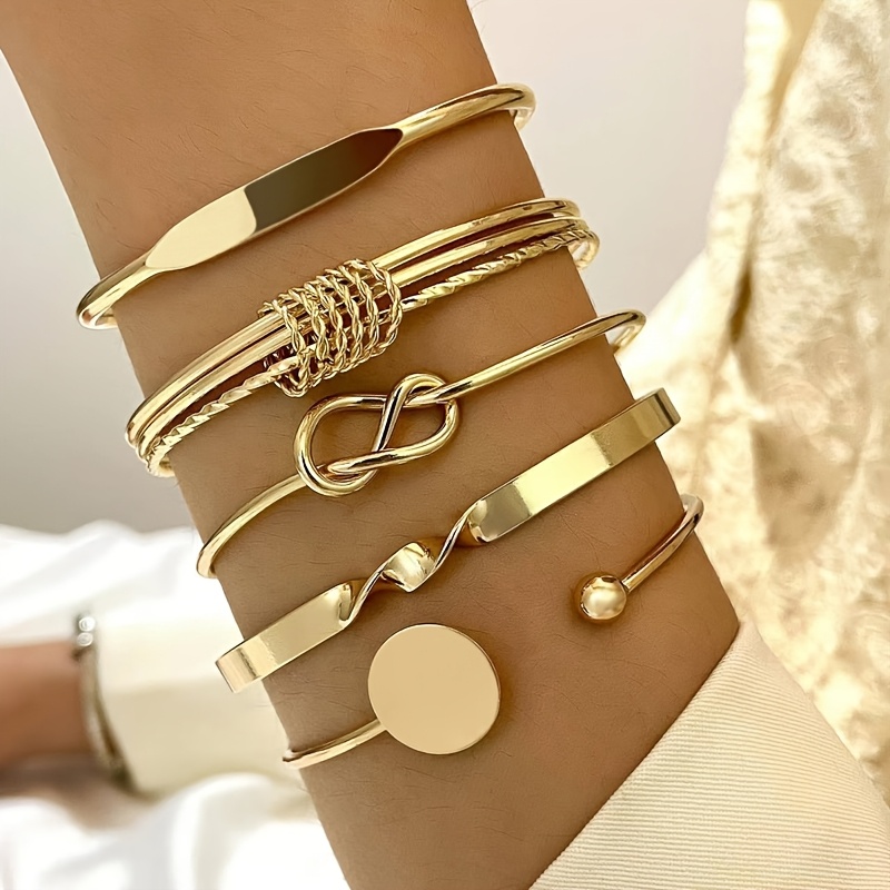 Image of A Set Of 5 Bohemian Minimalist Geometric Round Polished Bangle Bracelets, Vintage-style Knotted Open Bangle Bracelet Set For Women, Suitable For Daily Wear