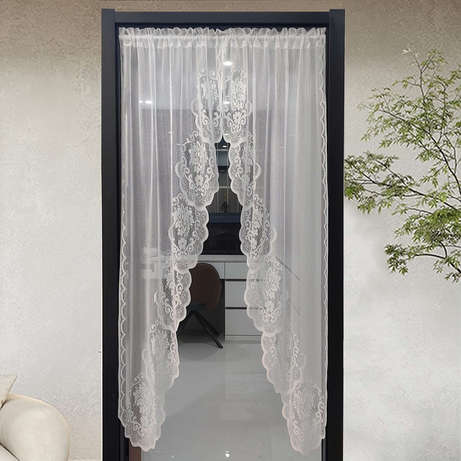 

1 Set White Sheer Lace Kitchen Cafe Curtain Panels - Rod Pocket - With Wave Floral Lace Drapes For Small Windows & Bedchamber Knitted Lace Door Curtain