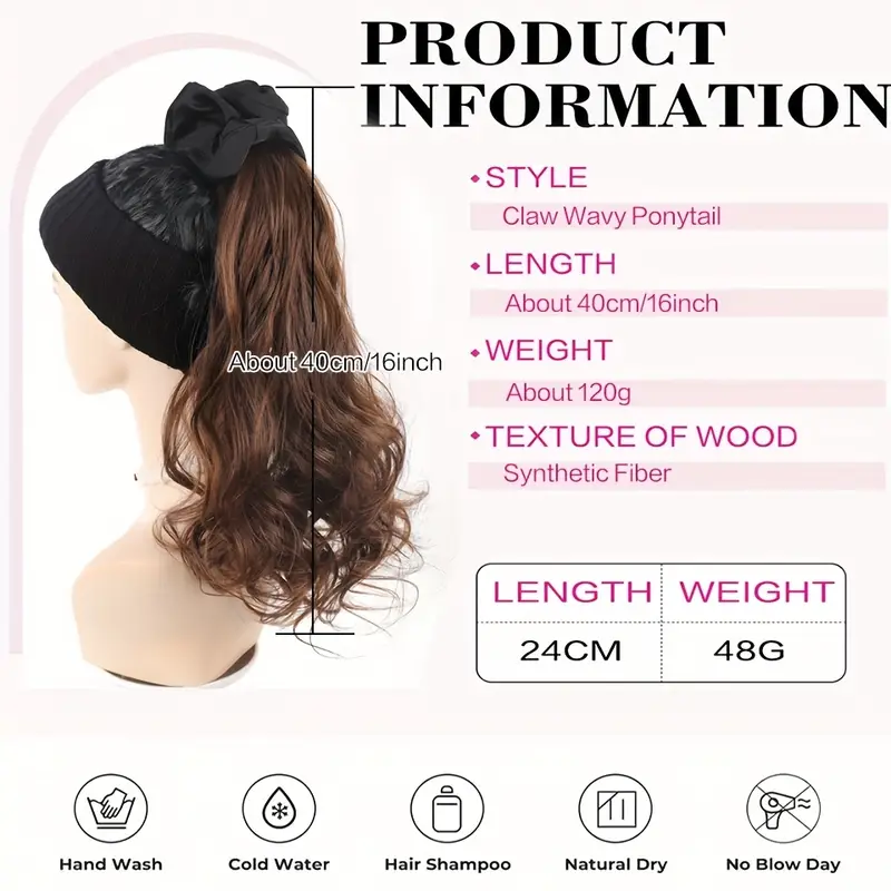 16 inch elegant black wavy claw clip ponytail hair extensions for women high temperature fiber synthetic ponytail with black headband weddings formal event details 4