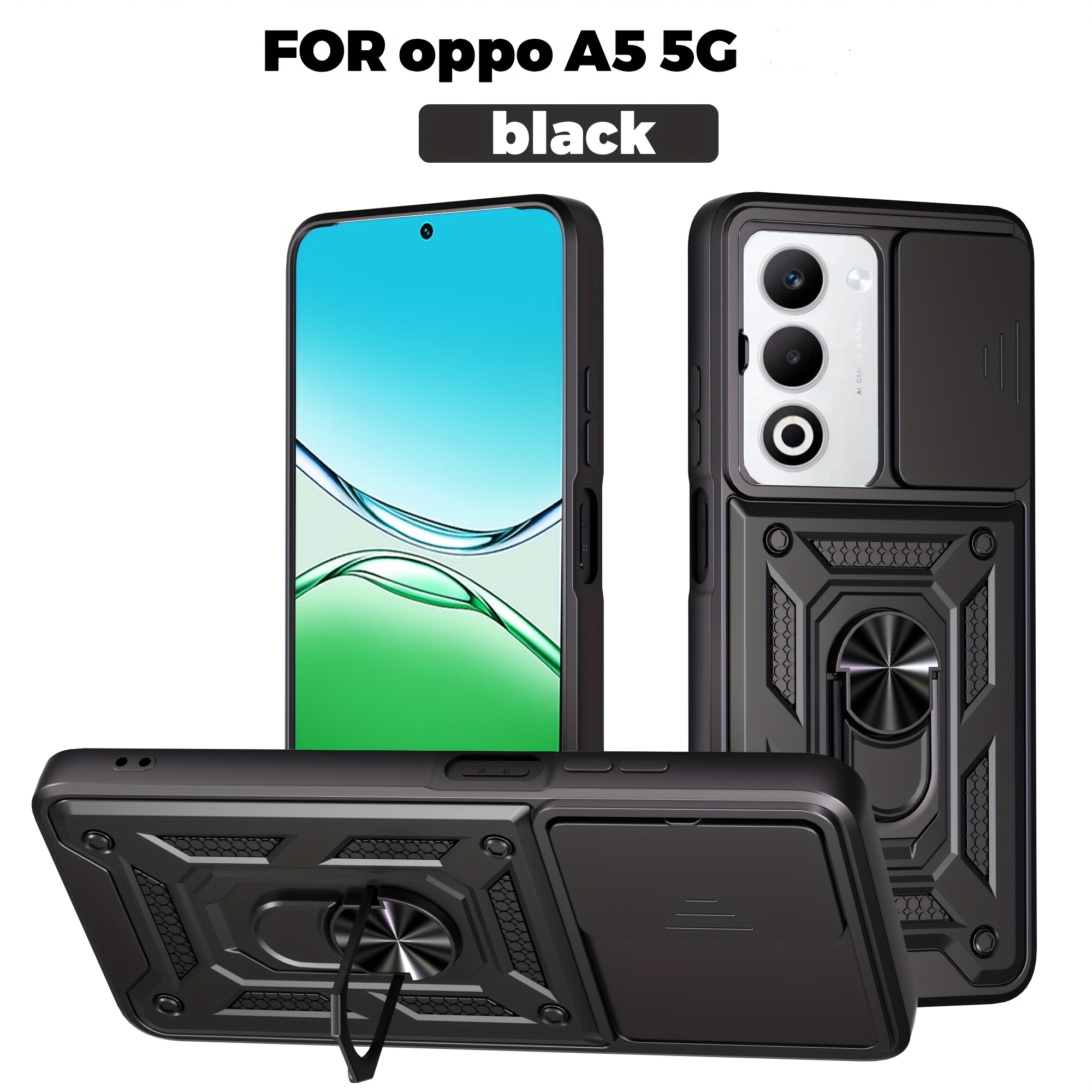 TEMU para teléfono - Para OPPO A5 5G, con cubierta deslizante para lente de cámara, soporte magnético giratorio de incorporado, a prueba de golpes