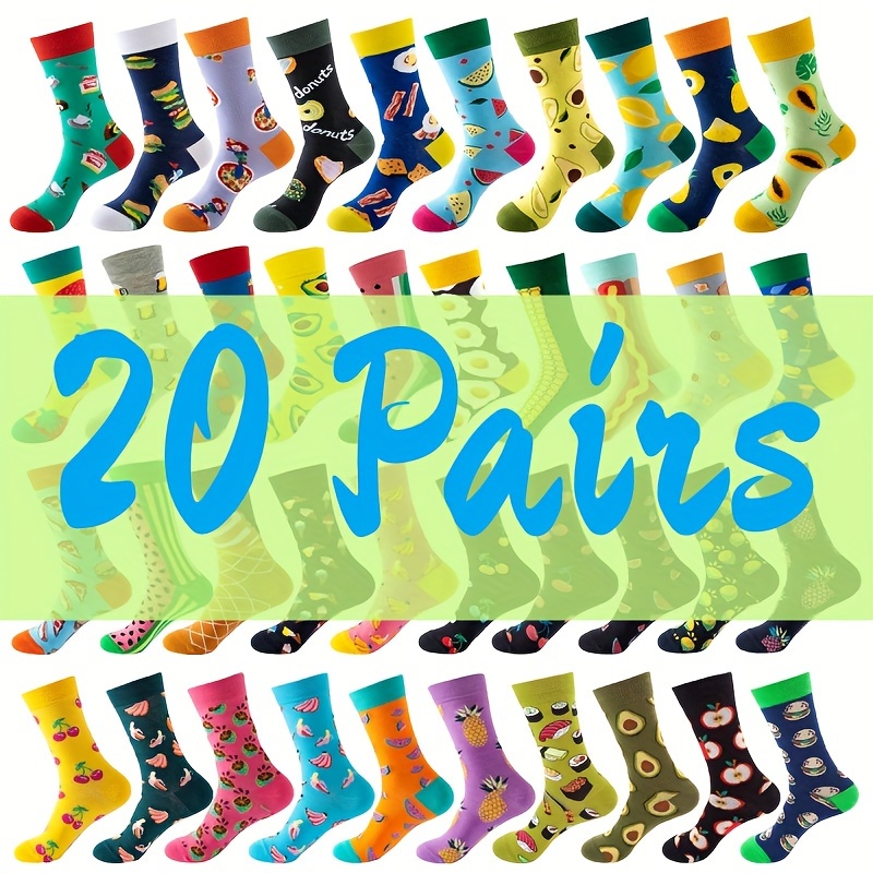 Image of 10/20 Pairs Of Couple Socks, Men's And Women's Fashion Mid-calf Cotton Socks, Random Patterns, Fruit Mid-calf Socks, Food Cotton Socks