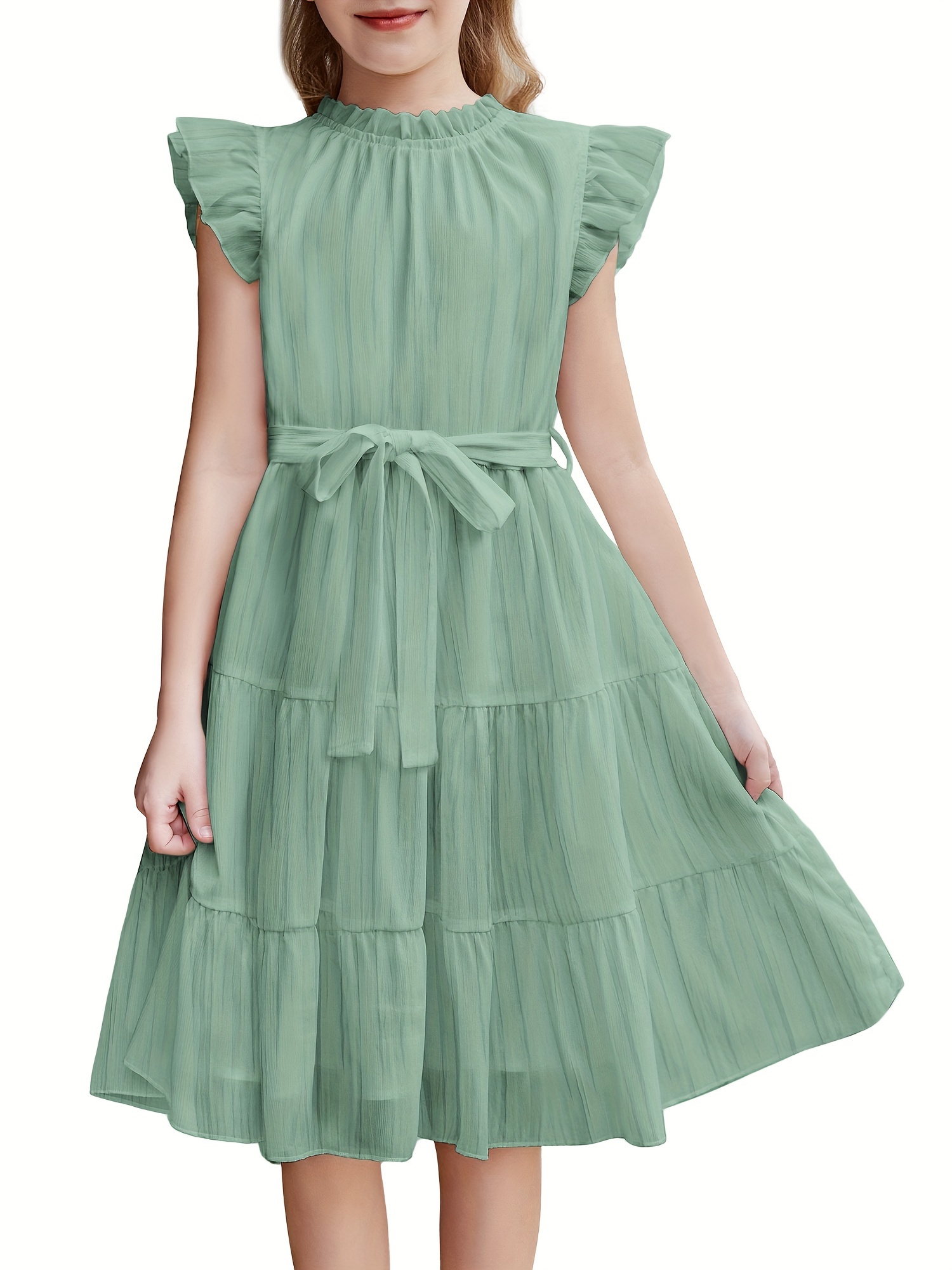 tween girls summer dress ruffle sleeve a line elegant - Temu