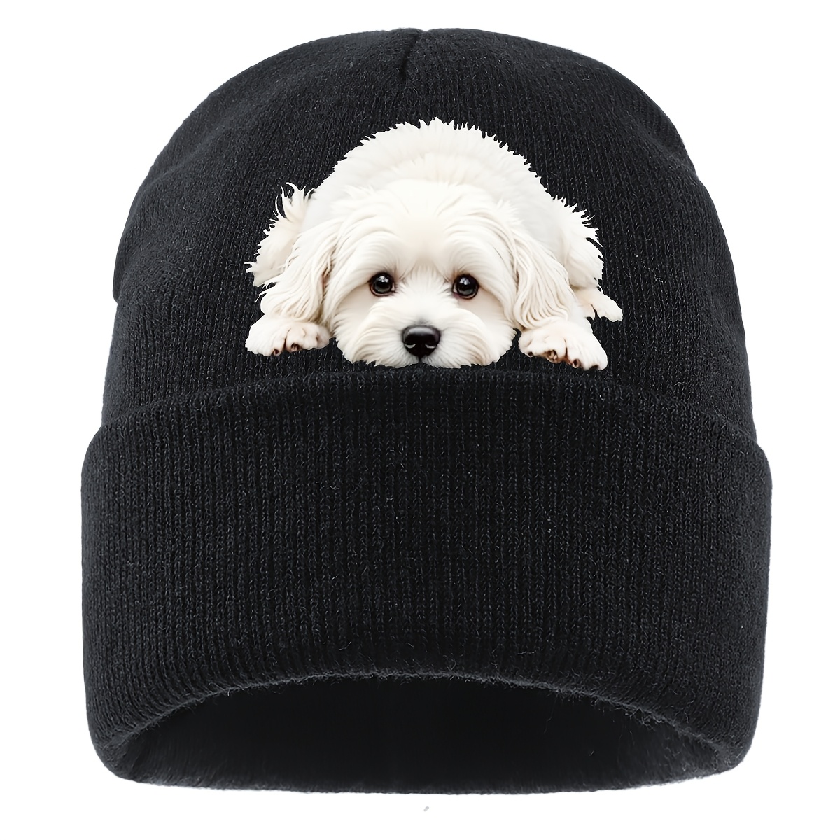 TEMU 1pc Cute Dog Print Elastic Unisex Beanie, Graffiti Design, 100% Acrylic Lightweight Windproof Warm Hat, For Autumn/winter, Casual Versatile Cap,