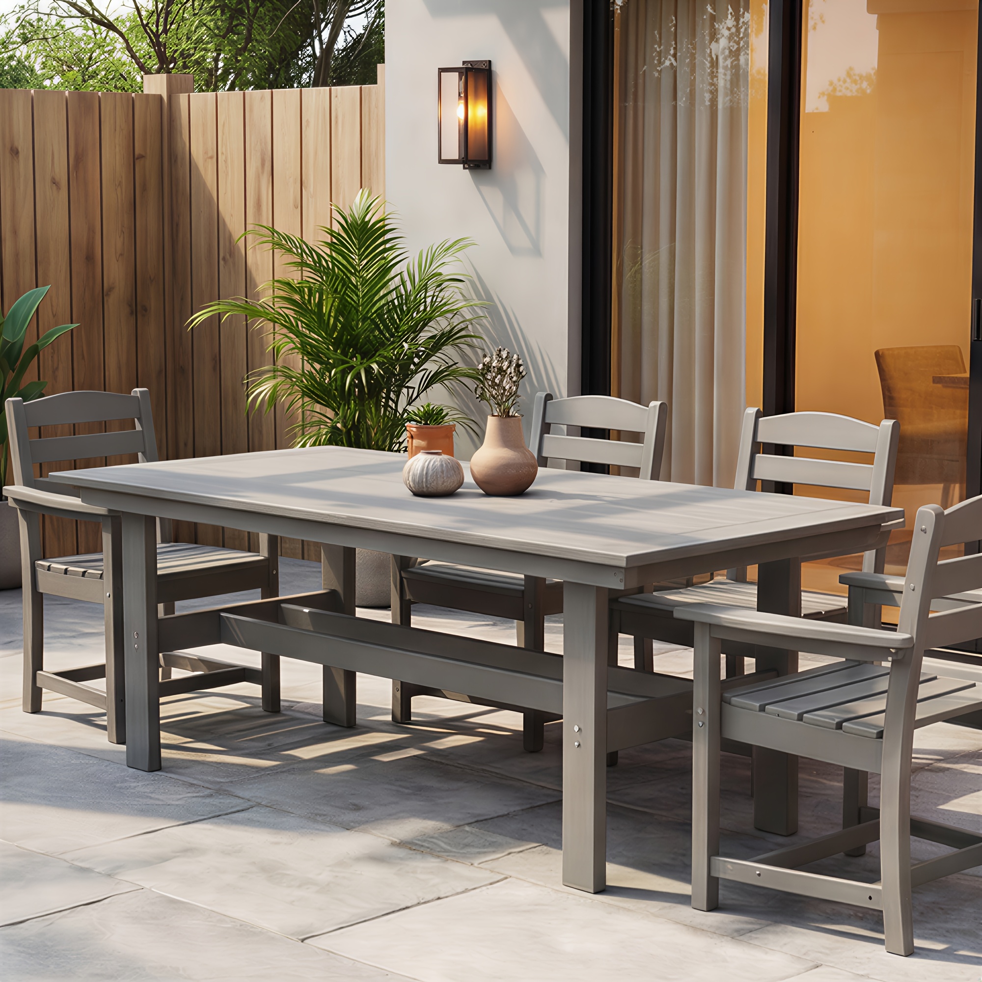 Modern Outdoor Dining Table for 6-Person Rectangle Indoor Outdoor Table with Umbrella Hole & Wood-Like Surface, Weather-Resistant Outside Dining Table for Patio Lawn Garden Backyard, 32.7