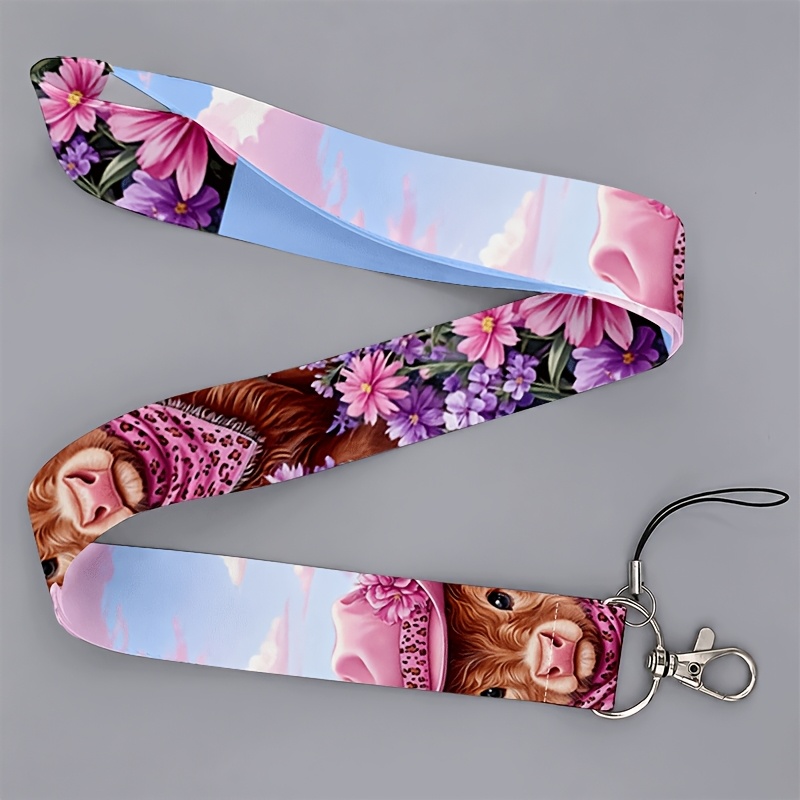 TEMU 2d Flat All-gender Suitable For Office Workers And Students, Cute Highland Cow Floral Print Lanyard For Phones And Id Cards