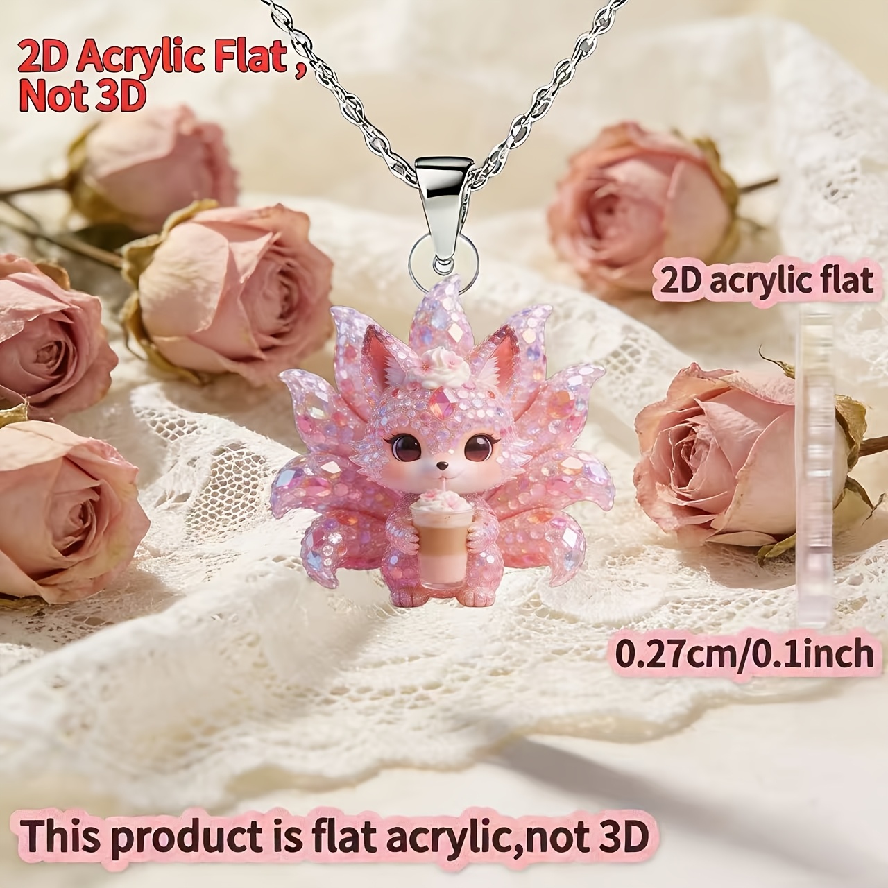 Women's Cute Little Fox Acrylic Pendant Necklace, Gift Idea
