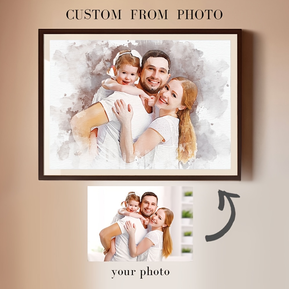 

Custom Watercolor Family Canvas Poster - Personalize With Your Photo, Modern Decorative Art For Living Room, Bedroom, Wedding, Photo Wall Decor, Warm & Inviting Print, 2d, Room Decor