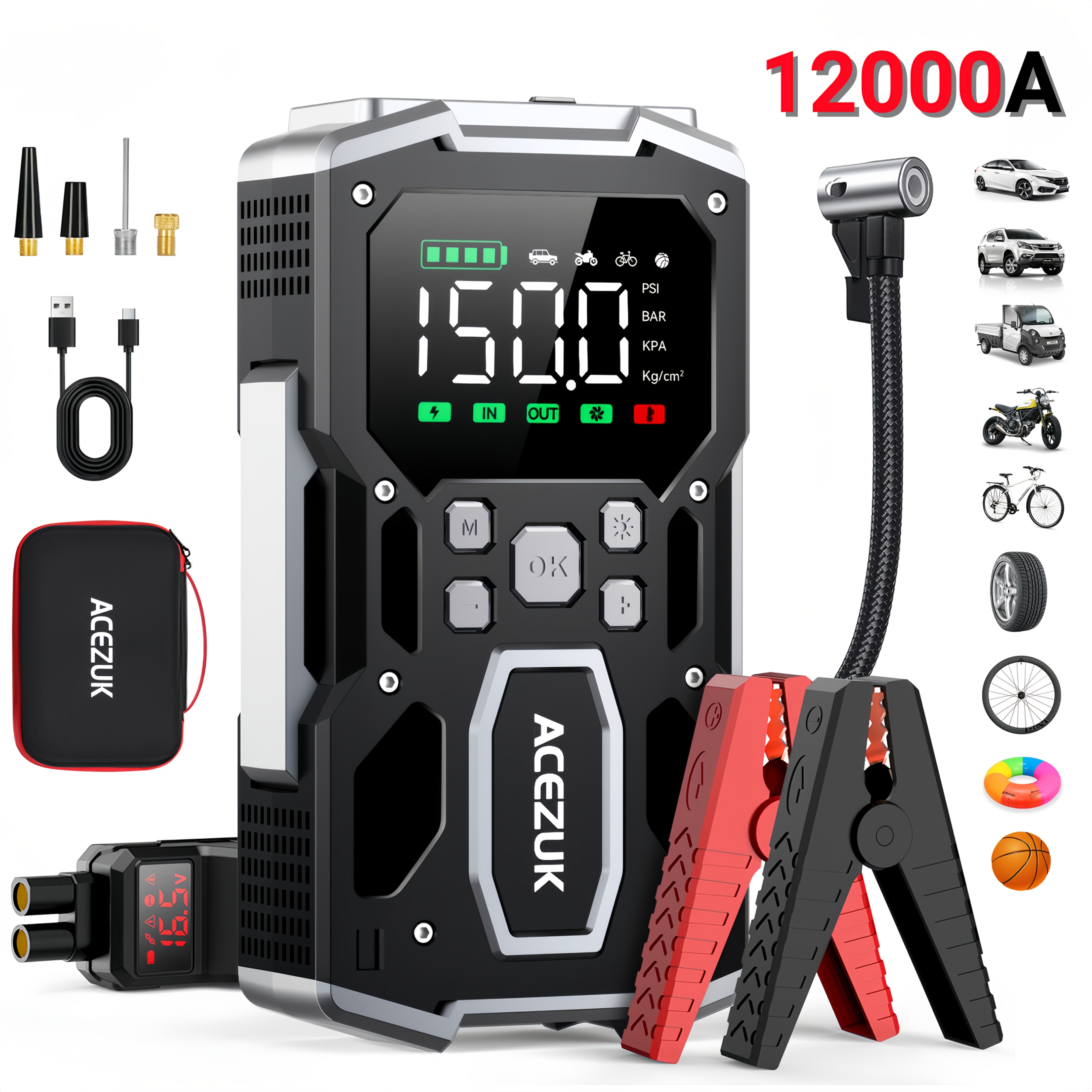 Image of 12000a Car Jump Starter With Air Compressor, 12v Battery Booster For All Gas/10l Engines, Portable Tire Inflator Lcd Display Qc3.0 Led Light, For Suv Truck Motorcycle With Carry Case