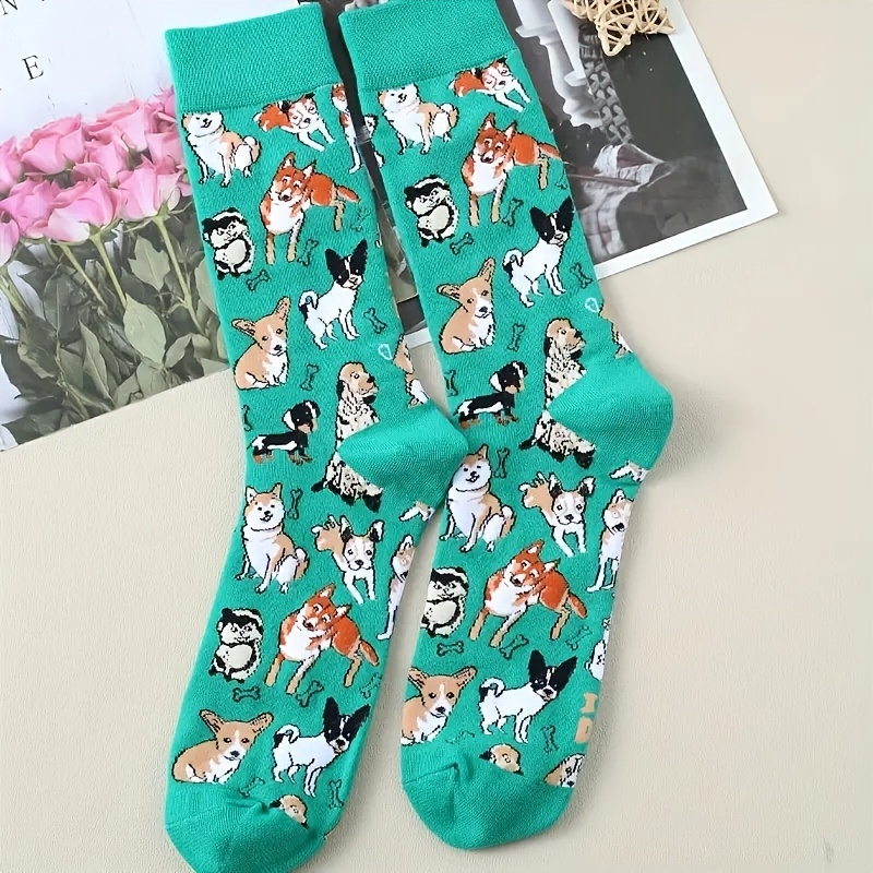 

Men's Cute Cartoon Puppy & Bone Print Socks - Breathable, Comfortable For Sports & Casual Wear