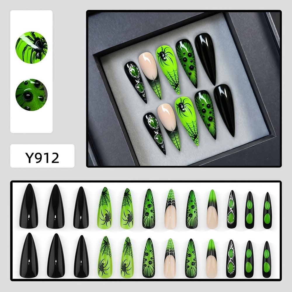TEMU Upgrade Your Look: 24 Long-pointed Almond-shaped Fake Nails With Three-dimensional Glue And Fluorescent Gradient Cat-eye Halloween Nail Art.