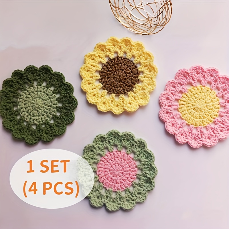TEMU 4pcs, Handmade Cute Coasters, Flower Coasters, Crochet Coaster Set For Drinks With Flowerpot Holder, Fun Soft Decorative Coasters Housewarming