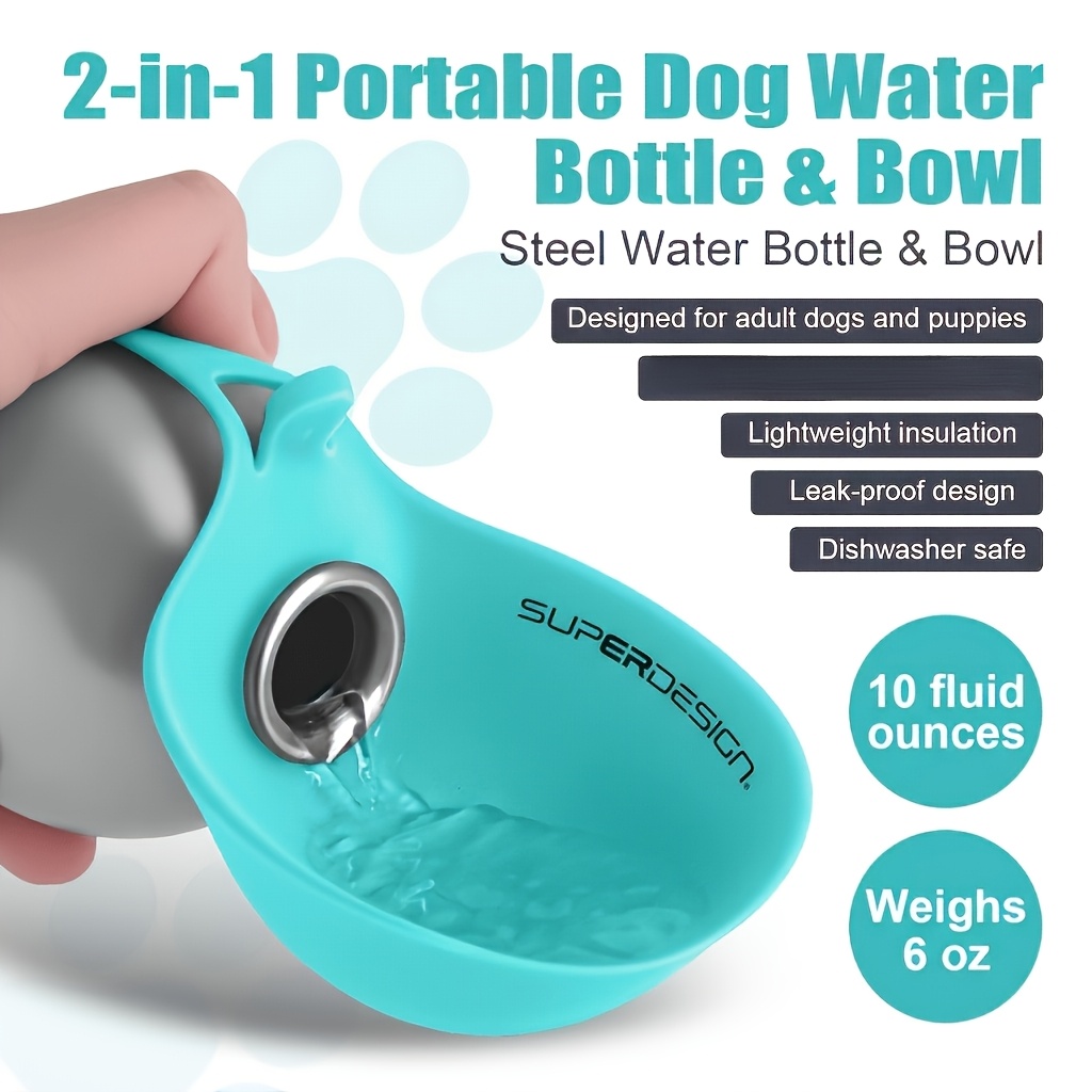 TEMU Portable Stainless Steel Cat And Dog Water Bottle, Portable Dog Water Bottle, Stainless Steel Pet Travel Water Bottle With Bowl, Drinking Feeder