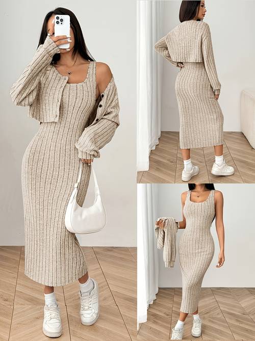 item picture autumn cardigan long sleeve short top and dress set