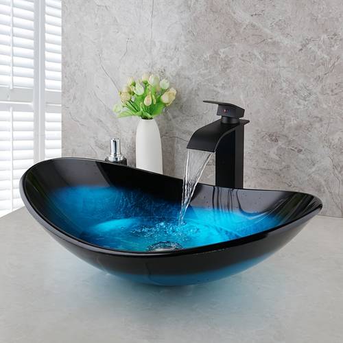 contemporary oval bathroom sink tempered glass black blue with waterfall faucet and up drain durable countertop basin