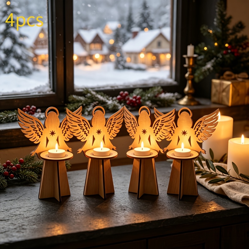 TEMU 4er-Set Retro Engelsförmige Kerzenhalter aus Holz – Ausgeschnittene Holzscheiben-Kerzenständer mit Politur, Tisch- Kaminsims-Dekor, geeignet für