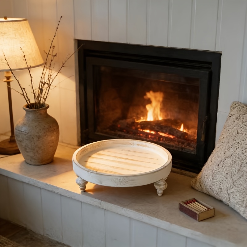 1pc 11.6-inch Round Wooden Tray | White, Distressed, Rustic Farmhouse Style - Ideal for Living Room, Table, Kitchen Decor