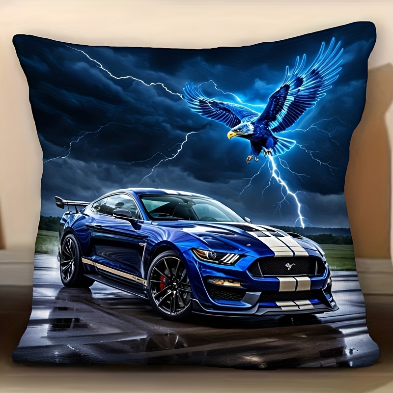 TEMU A Single 2d Printed Pillowcase Measuring 18x18 Inches Featuring A Car And Eagle . Made From Modern Short Plush Polyester With A Zipper Closure,