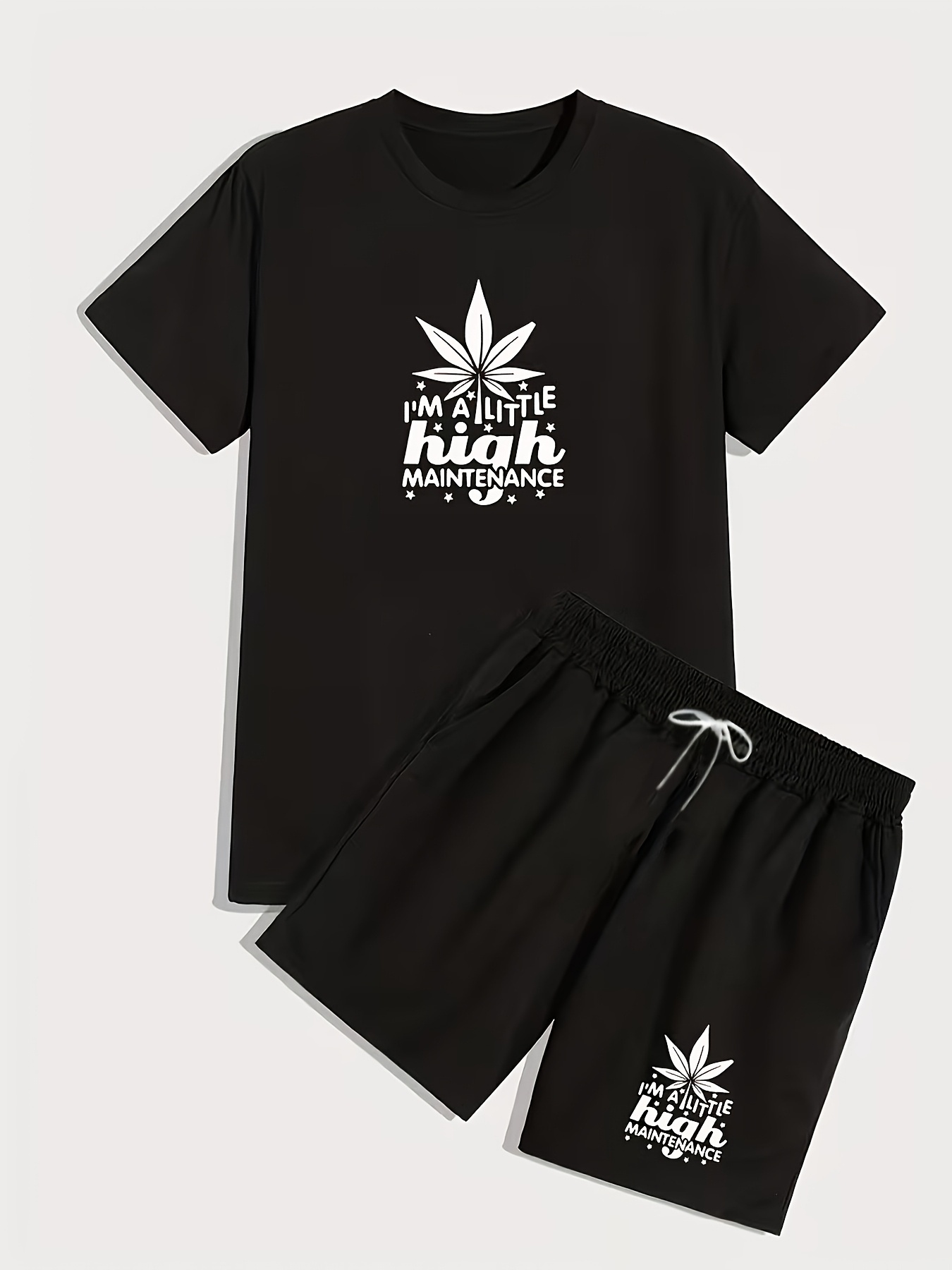 Men'S Two-Piece Set Featuring a Leaf Print, Including a Round Neck Short-Sleeve Tee And Drawstring Shorts