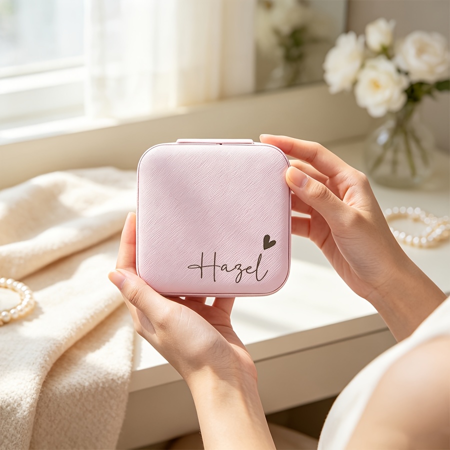 TEMU Personalized Name And Heart-shaped Jewelry Box - Custom Beige Bridesmaid Jewelry Box With Zipper Closure, Fabric Lining, And Compartments,
