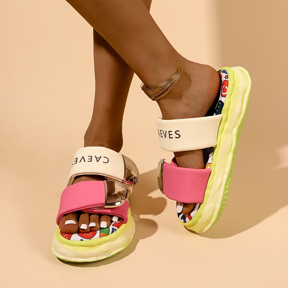 

Women's Stylish Printed Platform Sandals, Fashion Open Toe Summer Shoes, Comfortable Slip On Slide Sandals