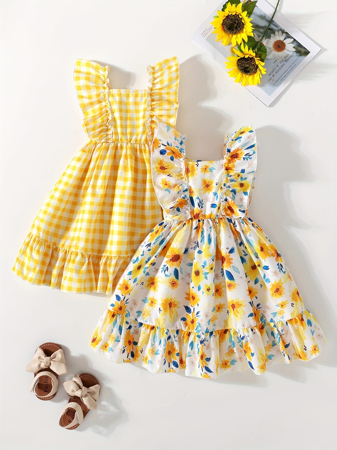 Two-pc Young Girl Fashion Casual Floral Mesh Print Cap Sleeve Camisole Dress with One-Shoulder Neckline and Tiered Hem for Daily Wear, Home, and Outdoor Summer Styles