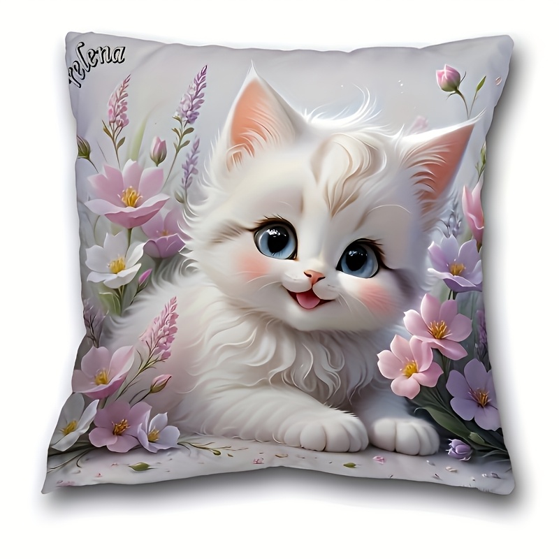 TEMU 1pc 44.96cm Cute Cat & Floral Print Polyester Pillow Cover, Soft Zippered Cushion Case, Machine Washable For Sofa Living Room Office Decor, No
