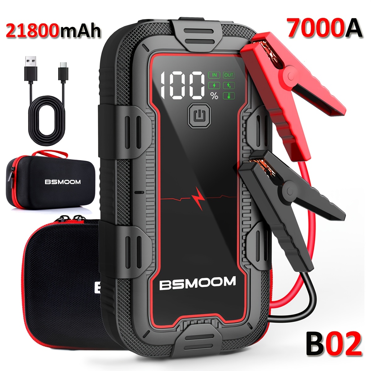 TEMU 12v Car Jump Starter | Portable Car Battery Booster With 7000a , Lcd Digital Display, Led Light, Usb Type-c Connector, Rechargeable Polymer