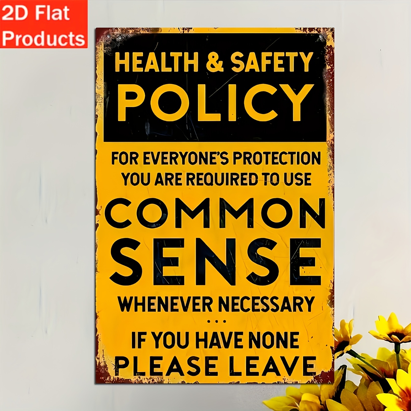 TEMU 2d Flat, 1pc Vintage Health And Safety Sign, 20cm X 12.7cm / 7.87in X 5in - Fun Workplace Decor, Black And Yellow Text, Rustic Industrial Style