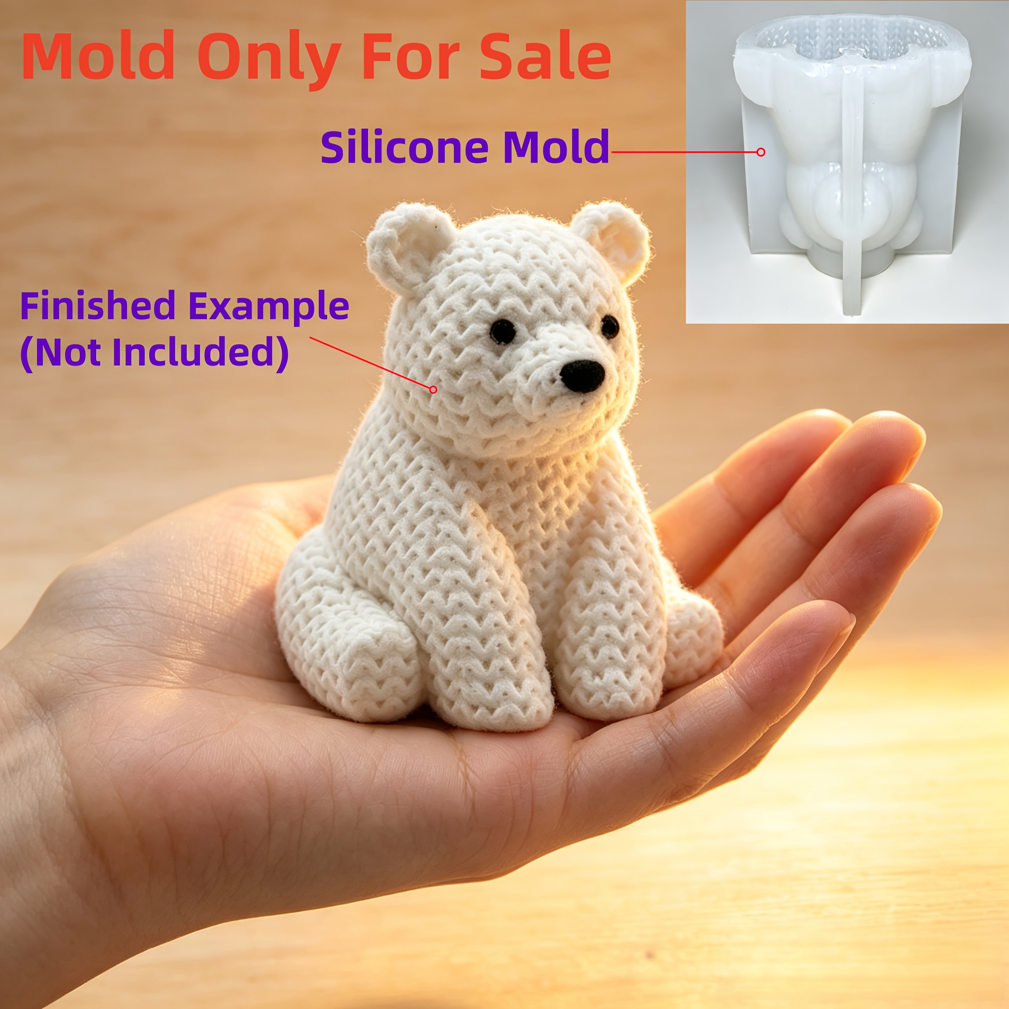 TEMU Stampo in silicone a forma di orso polare con texture a maglia stereoscopica 3D, cera d'orso polare stereoscopica 3D, ornamenti in gesso