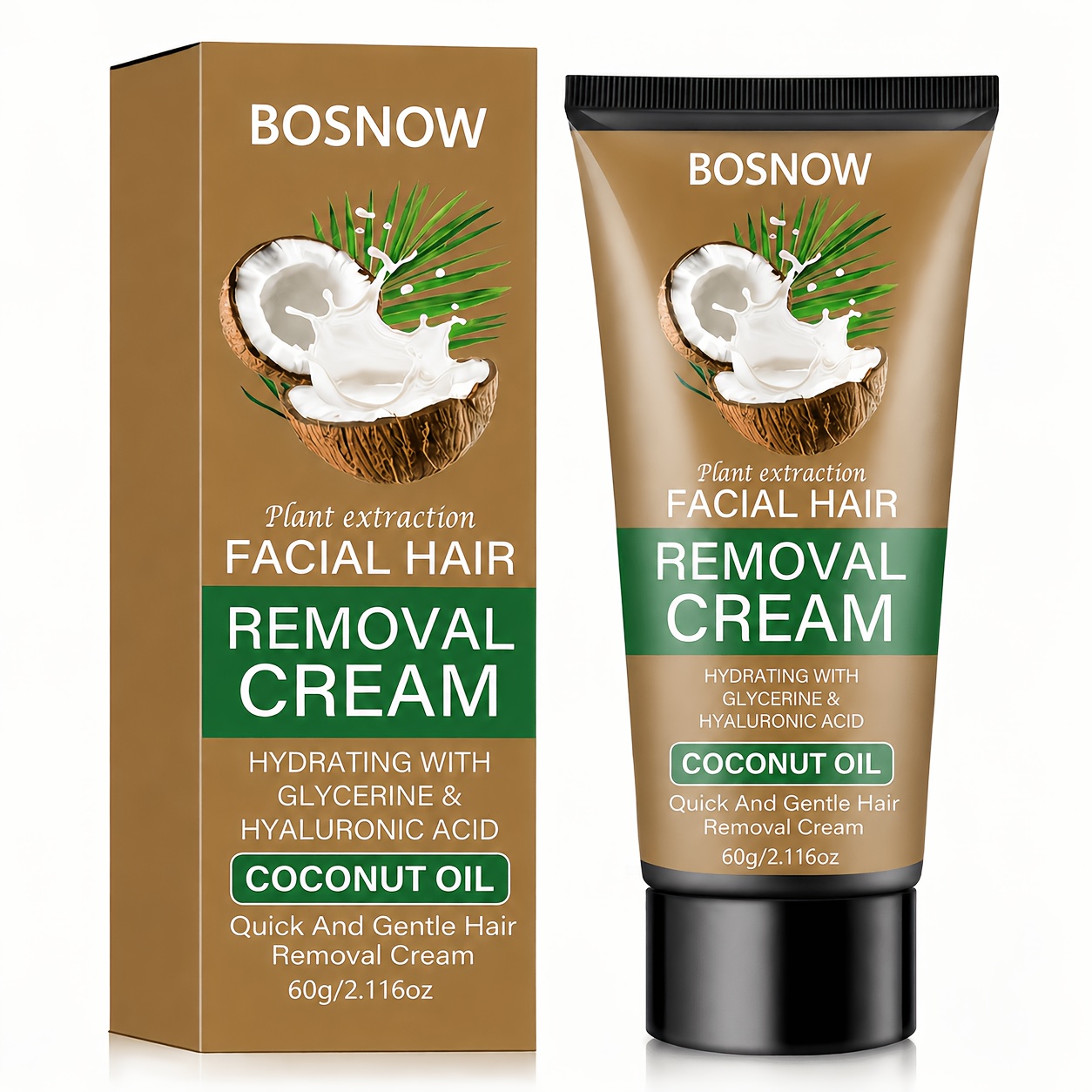 Image of Bosnow 60g Coconut Hair Removal Cream Suitable For Skin - Fast-acting 5-minute Depilation, Gentle & Non-irritating Formula With Coconut For - , Lips, Underarms, Legs, Private Area (unisex)
