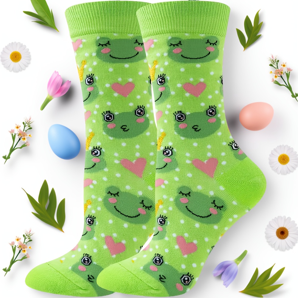 E-shop 1 Paar Frühlings-Sommer Grüne Krone Cartoon Muster Druck Socken, Modische Niedliche Mid-Calf Socken Geeignet für Outdoor Aktivitäten