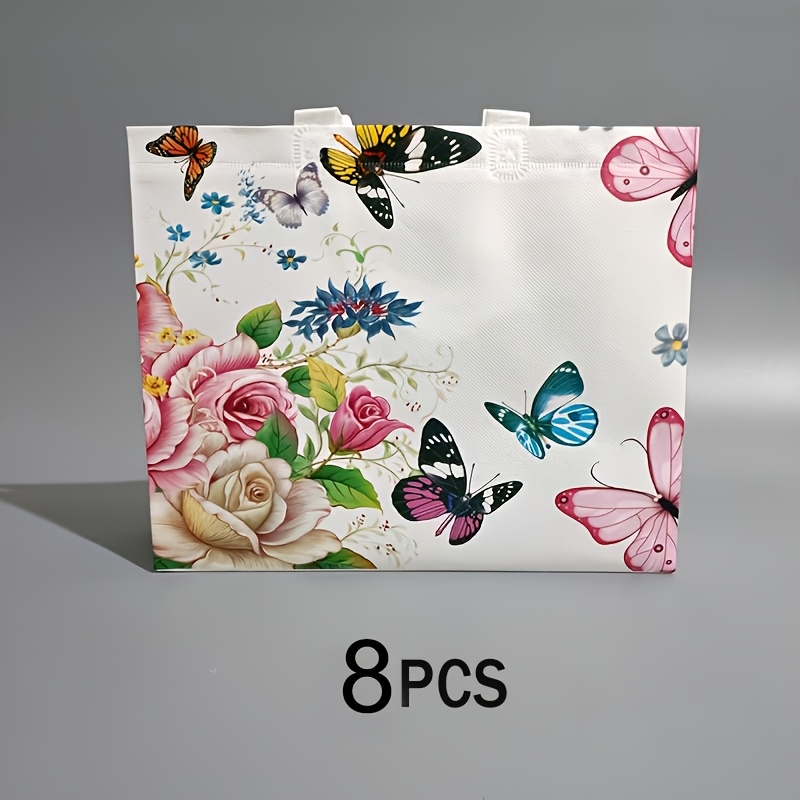 Image of Gift For Her/him 8pcs Colorful & Floral Print Non-woven Tote Bag - Reusable, Foldable, High-quality Grocery Shopping Bag For Travel & Storage, Square Shape With Sturdy Handles, Decorations
