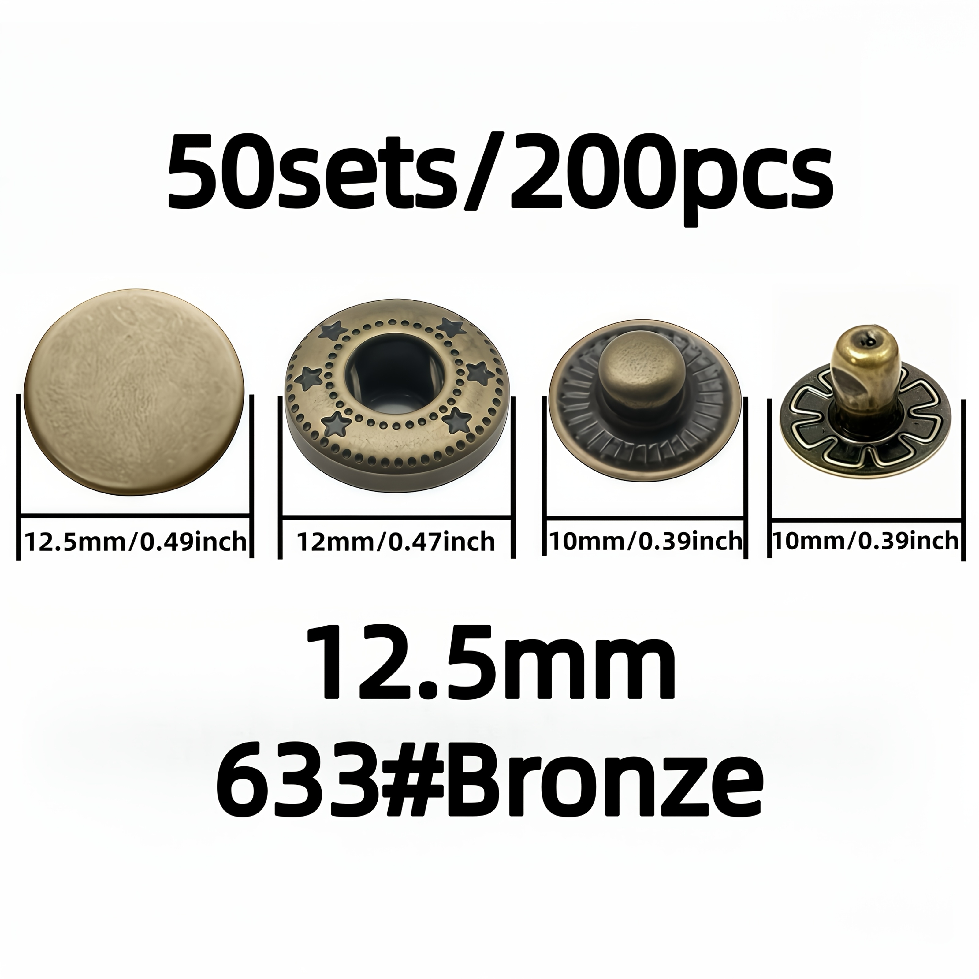 TEMU 50 Set/200 Pezzi Bottoni a Pressione Metallici da 12,5 mm, Adatti per Abbigliamento, , Borse in Tela, ecc., Bottoni in Acciaio Inossidabile