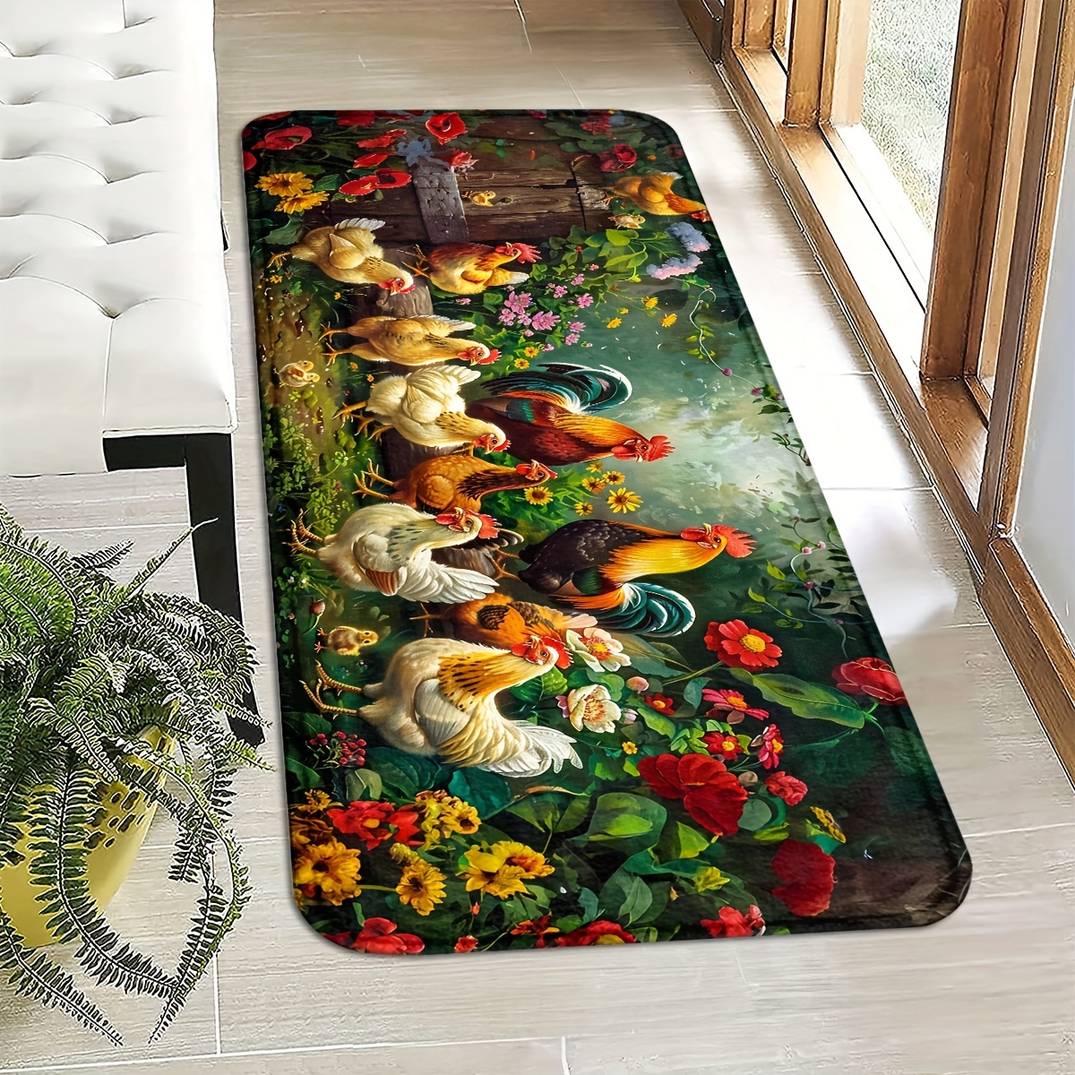 TEMU Paillasson Coq Fleur de , Design Tendance, Idéal , Bas Profil. Tapis d'Entrée Intérieur & Extérieur Antidérapant, Design Créatif, Lavable en