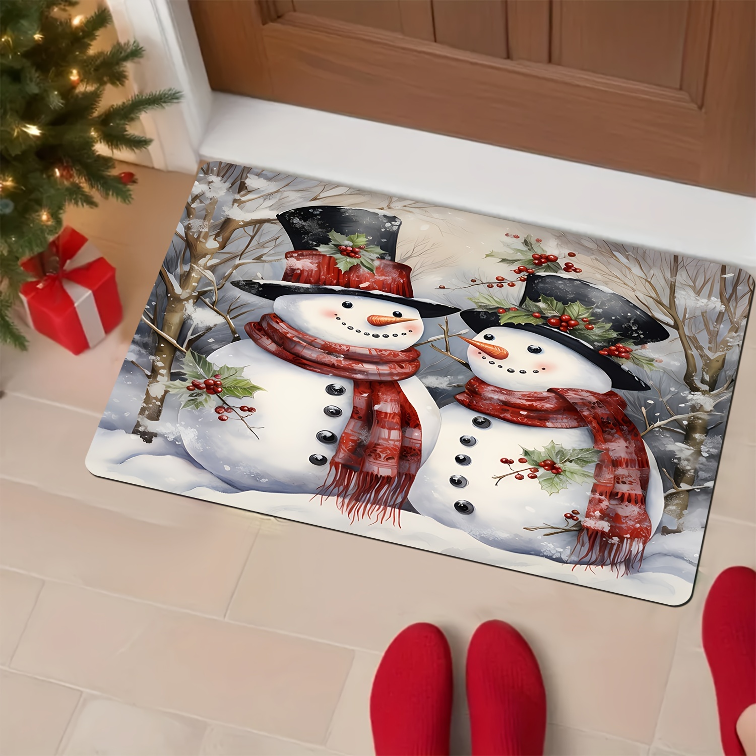 

1pc Snowman & , Polyester Door Rug, Machine Washable, Non-slip, Christmas Decor, For Living Room, Bedroom, Bathroom, Kitchen, Office, Indoor/outdoor Entrance, Multiple Sizes