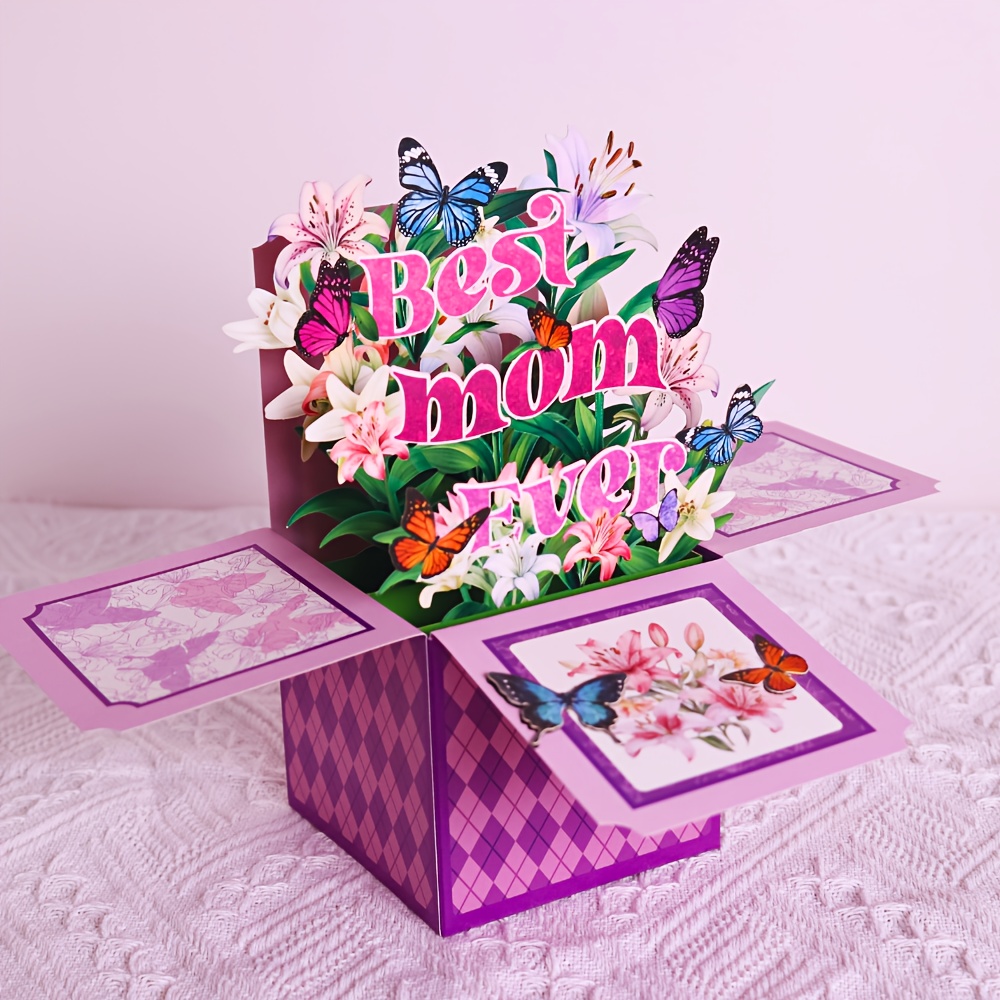 E-shop 3D Lilien-Schmetterling Pop-Up Muttertagskarte – " " Boxgruß mit Leerem & Umschlag, Lebendiges Frühlingsdesign für Mama, Tochter, Ehefrau oder