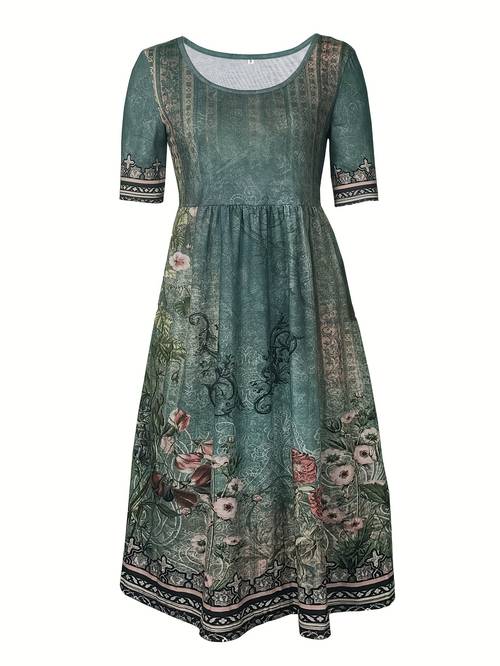 2025 summer ladies casual bohemian dress short sleeve crew neck pocket dress loose casual dress bohemian beach dress
