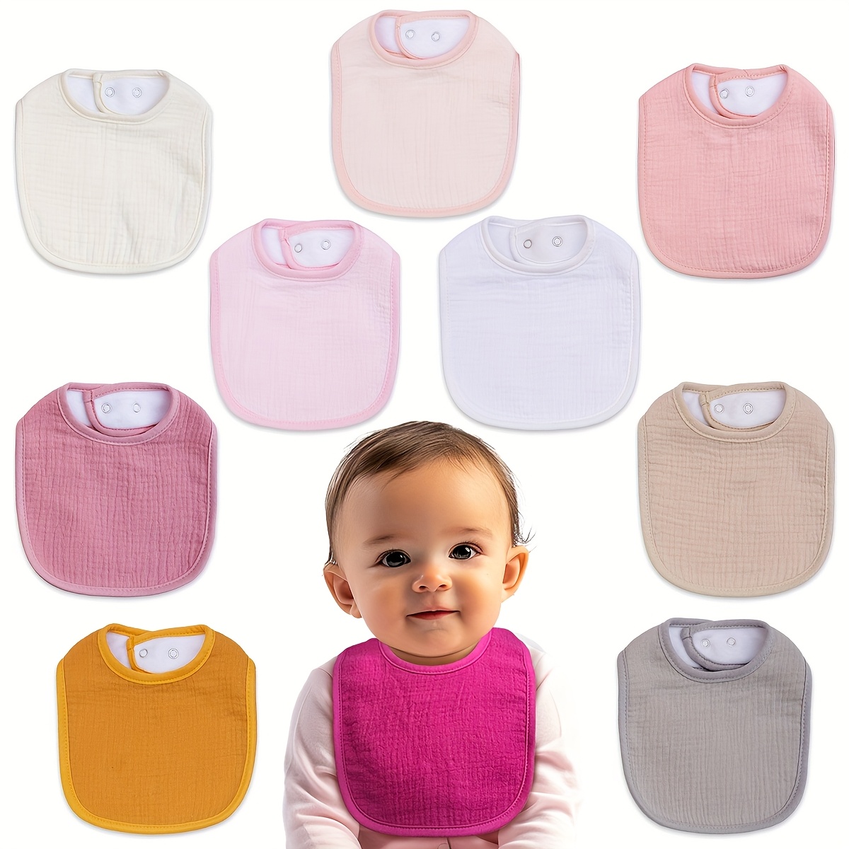 TEMU 10pcs Muslin Baby Bibs For Boys And Girls, Absorbent, Breathable, Soft, Adjustable Snap Closures, Perfect For Feeding, Teething, And .