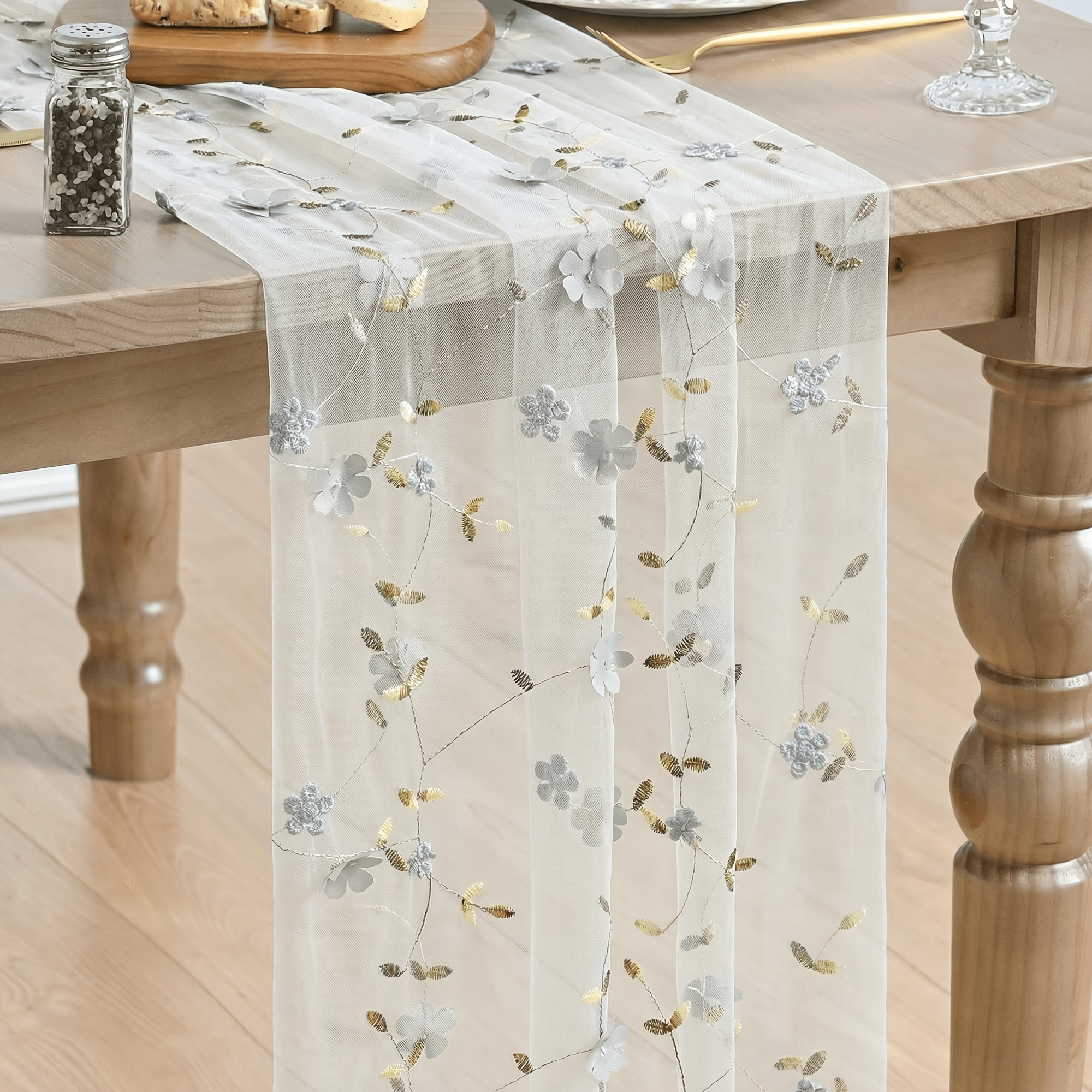 TEMU 1 chemin de table en tulle brodé de fleurs bleu , 108 pouces, en , idéal pour table de cuisine, fête à et décoration de fêtes