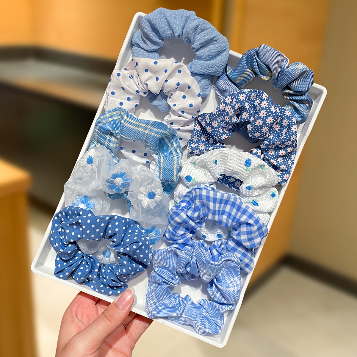 TEMU 10pcs Women's Blue Large Loop, High Elasticity Hair Loop, Plaid, Printed, Polka Dot Elements, Bohemian Style, Women's Hair Accessory. Suitable