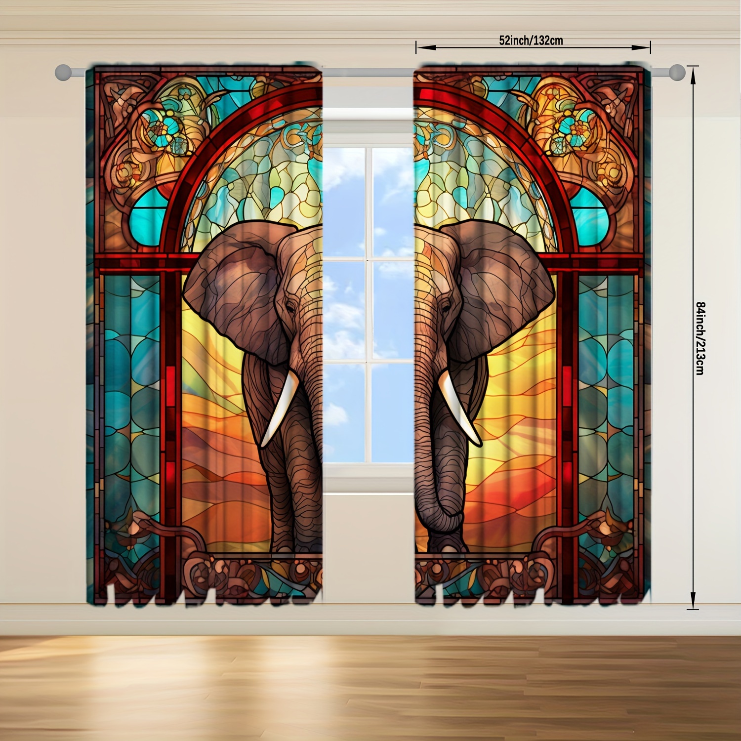 TEMU 2 Panneaux Rideaux de Fenêtre En Verre 3d Éléphant Décoration Bohème Rideaux Pour Collage Salon, Chambre, Cuisine, Salle de Bains, Décoration