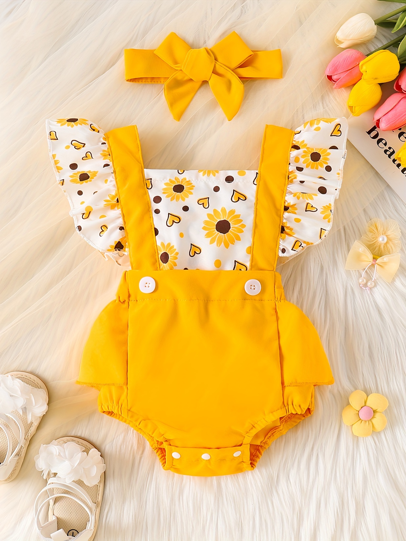 baby girl's jumpsuit short sleeve smock dress with trim bow