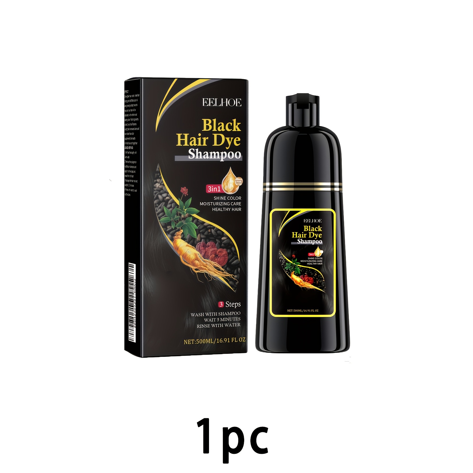 TEMU 1pc 500ml Instant Black Hair Dye Shampoo Hydrates And Moisturizes Hair For Long- Contains He Wu Extract And Ginger Extract Suitable For All Hair