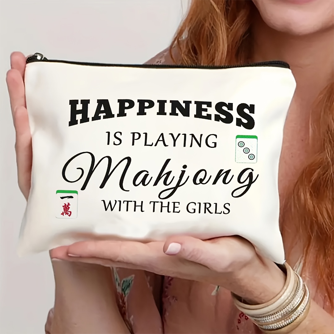 TEMU Mahjong-themed Makeup Bag - Versatile & Portable For Travel, Vacation, Business, Fitness & Outdoor Use, Polyester, Ivory