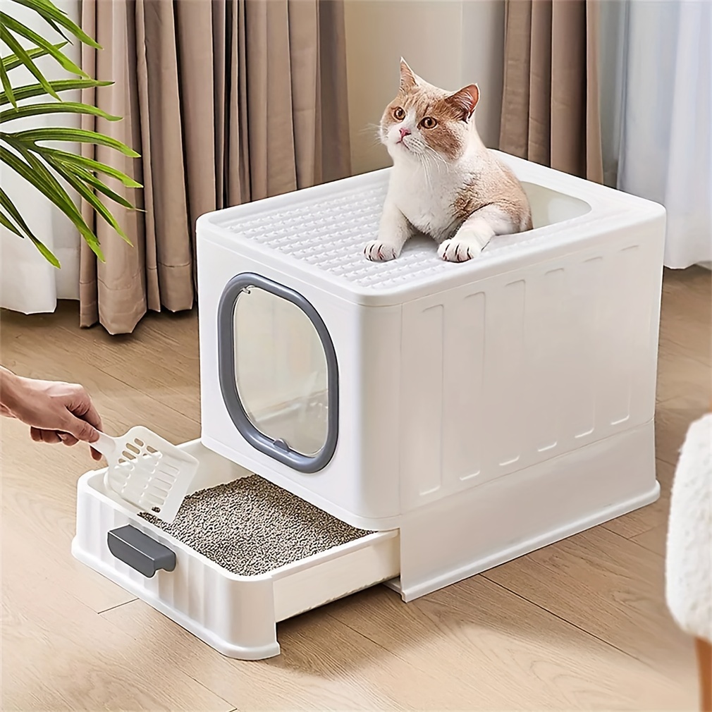 TEMU Bac à litière pour chat avec entrée par le haut, grand tiroir, pelle à litière pratique, pour chatons.