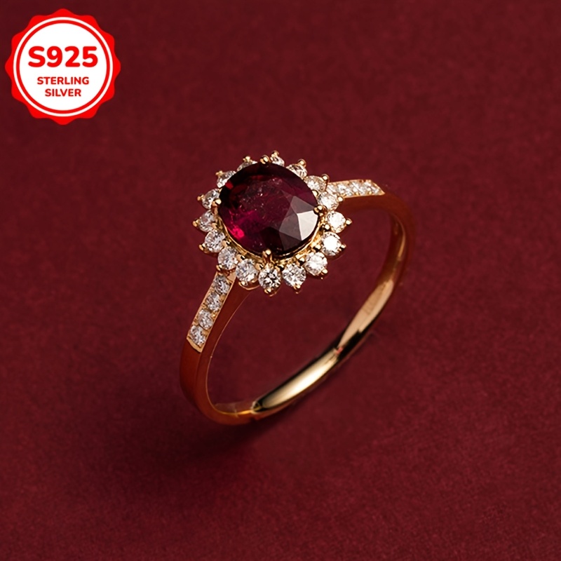 Floral Red Garnet & Cubic Zirconia Ring S925 Sterling Silver