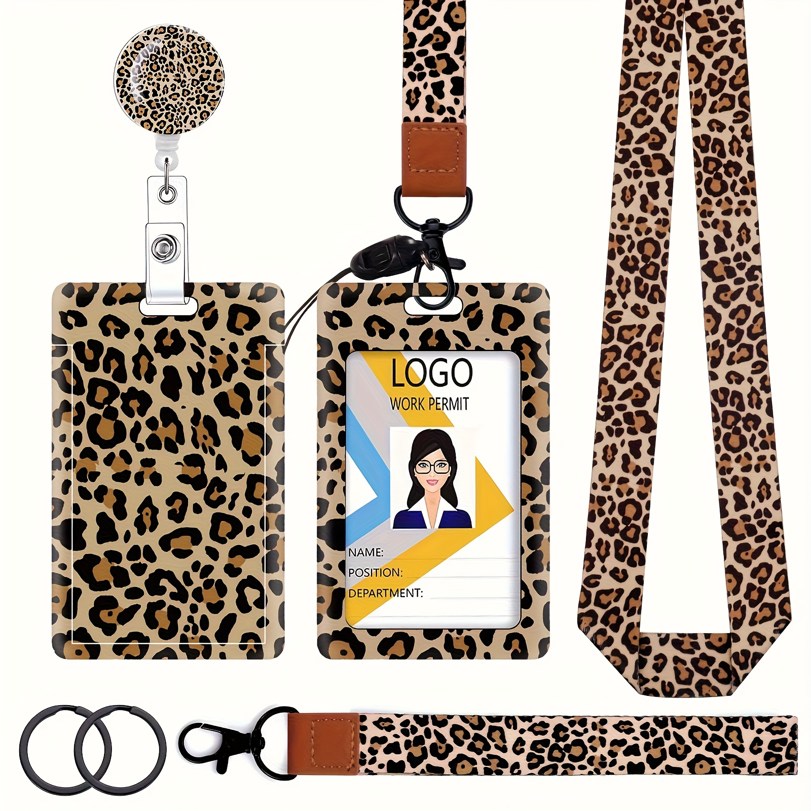 Image of 4pcs Leopard Print Lanyard Set, Of 1pc Neck Lanyards For Id Badges For Women Cute & Id Badges Holder-1pc Badge Reels Retractable Badge Holders & Wrist Lanyard For Keys, Women Girls