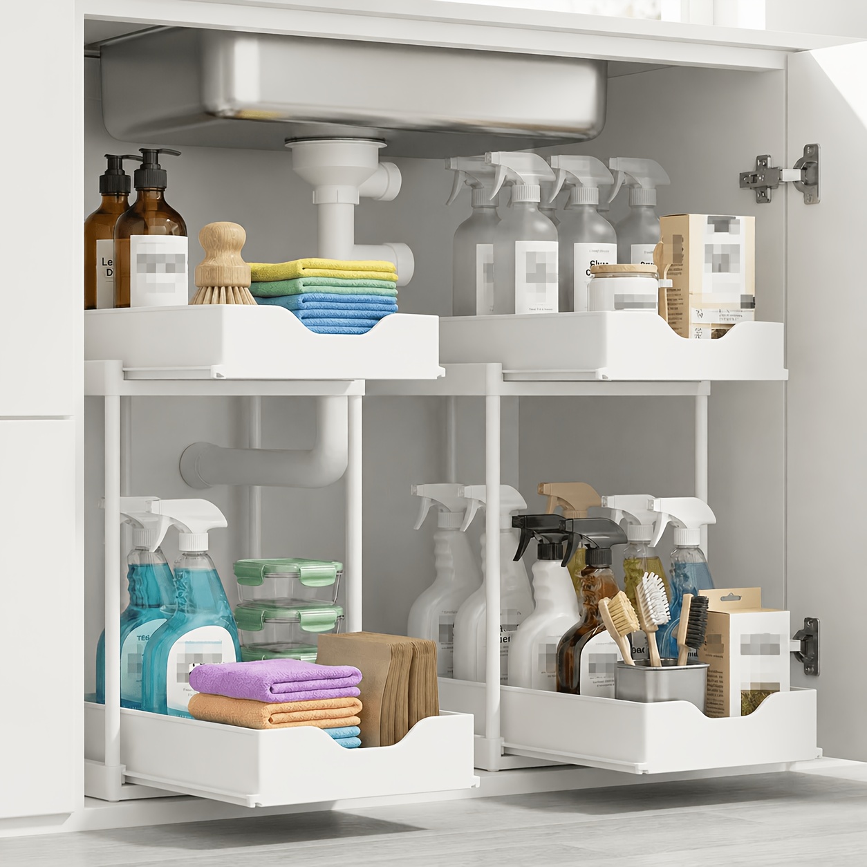 2pcs Under Sink Organizer With Sliding Shelves Black Plastic Storage Basket For Bathroom And Kitchen Cabinet Durable Metal Construction Bathroom Organizer